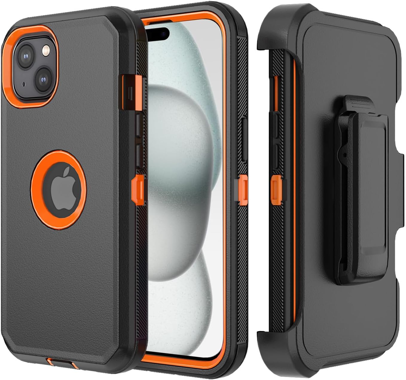 Phone Case for iPhone 15 Plus Case,Heavy Duty Hard Shockproof Armor Protector Case Cover with Belt Clip Holster for Apple iPhone 15 Plus 6.7 5G 2023 Phone Case (Black+Orange)