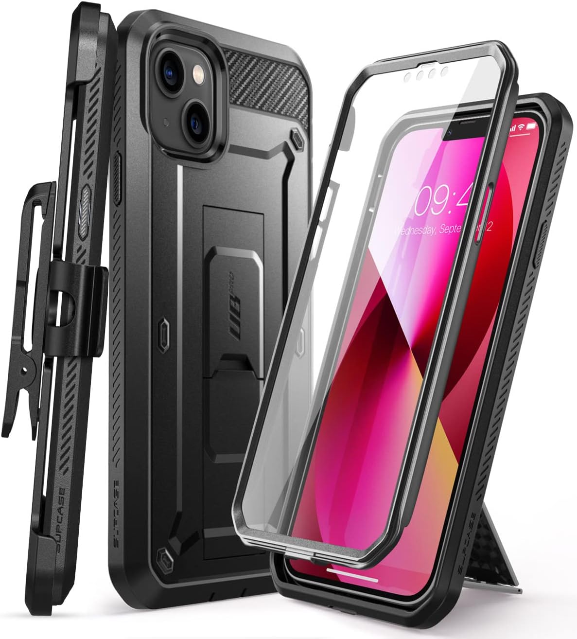 SUPCASE for iPhone 13 Case with Stand & Belt-Clip (Unicorn Beetle Pro), [Built-in Screen Protector] [Military-Grade Drop Protection] Heavy Duty Rugged Kickstand Phone Case for iPhone 13, Black