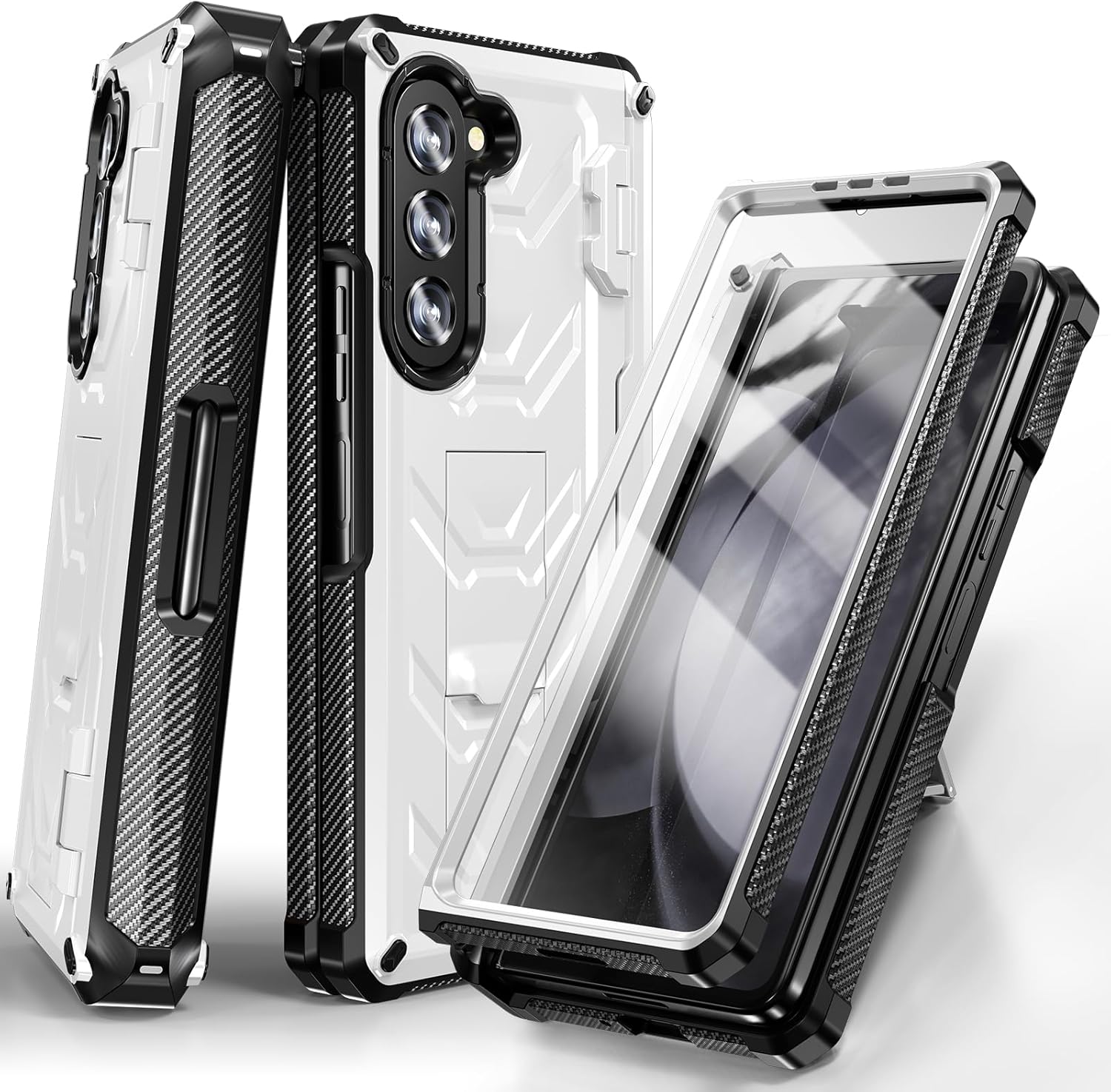 Samsung Galaxy Z Fold 5 Case with Hinge Protection, S Pen Holder & Kickstand, Drop Protection Case with Built-in Screen Protector for Z Fold 5/W24, Wireless Charging Compatible, White