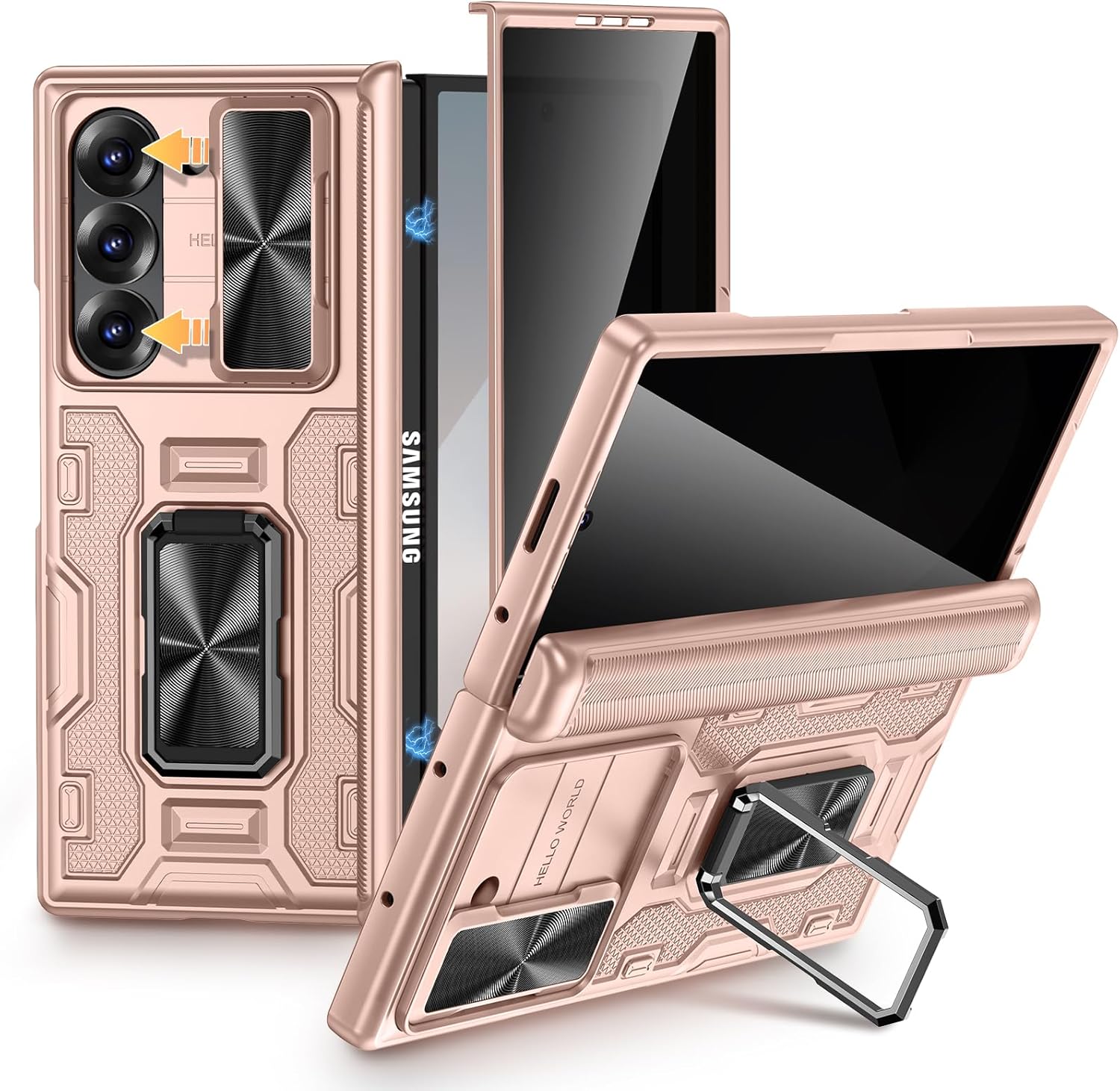 VEGO for Galaxy Z Fold 6 Case with Stand, [Full-Body Protective] Built-in Screen Protector [Anti-Peeping] & Slide Lens Cover & Hinge Protection & Kickstand Phone Case for Z Fold 6 2024-Rose Gold