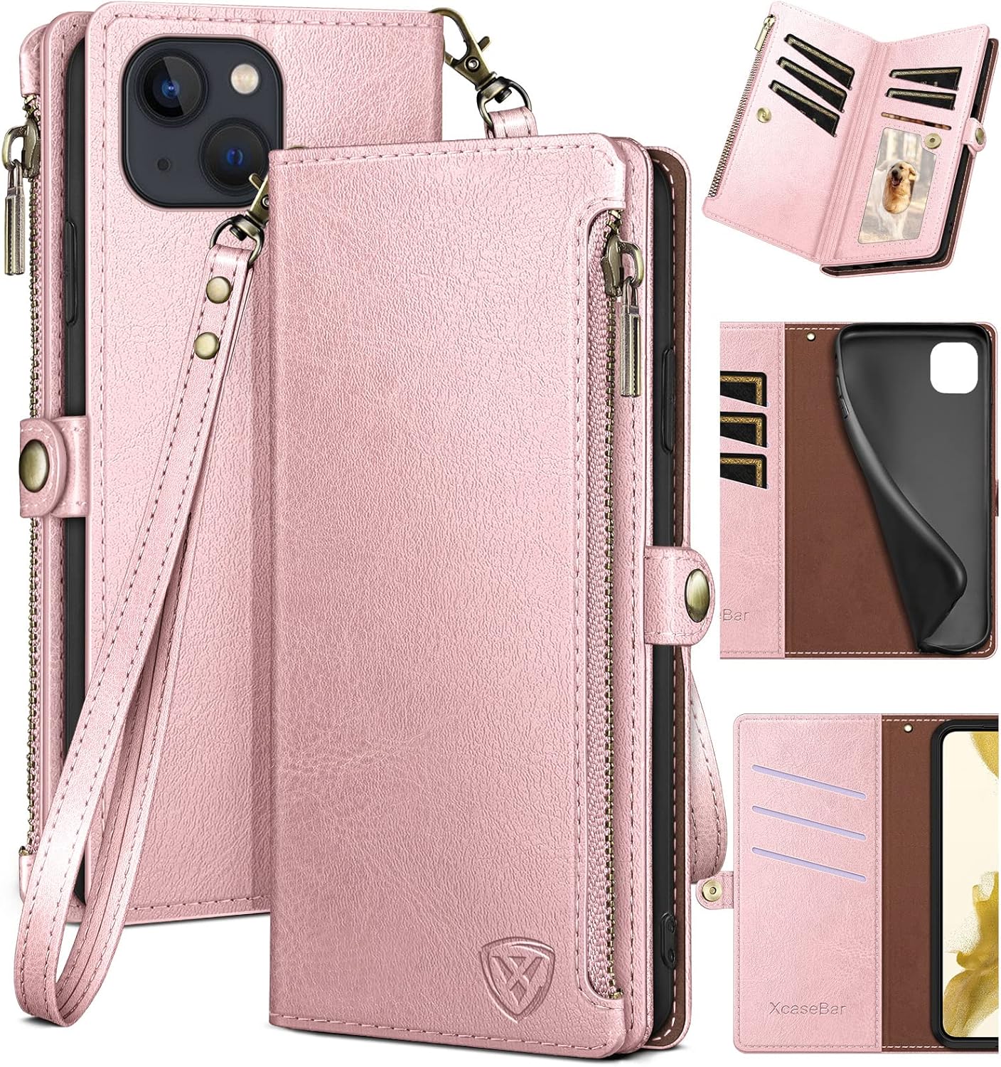 XcaseBar for iPhone 15 6.1″ Wallet case with Zipper Credit Card Holder RFID Blocking,Flip Folio Book PU Leather Shockproof Strap Protective Cover Women Men for Apple 15 Phone case Rose Gold