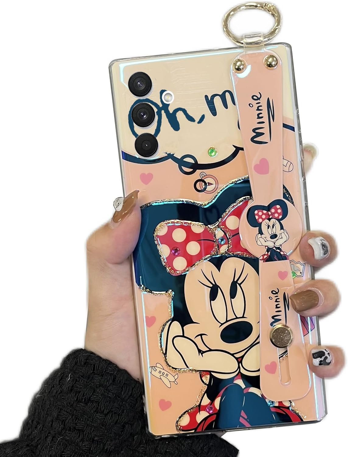 for Galaxy A34 5G Case for Women Wrist Band Kickstand Cover Ultra Slim IMD Cartoon Mouse Animal Pattern Blue Light Point Drill Holder Cover for Samsung Galaxy A34 5G