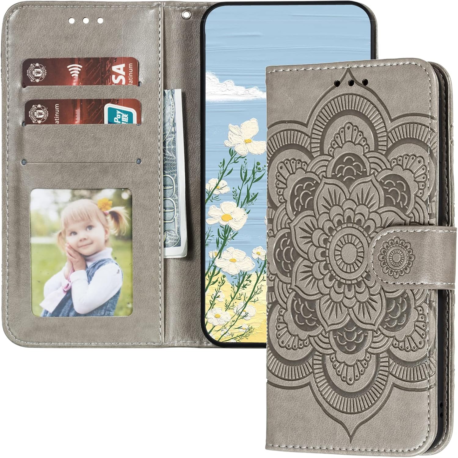 for Redmi Note 9 Pro Case Flip Premium Wallet Phone Case PU Leather Mandala Embossed Shockproof Cover with Kickstand Card Holder Cover for Xiaomi Redmi Note 9 Pro Max Mandala Gray LD