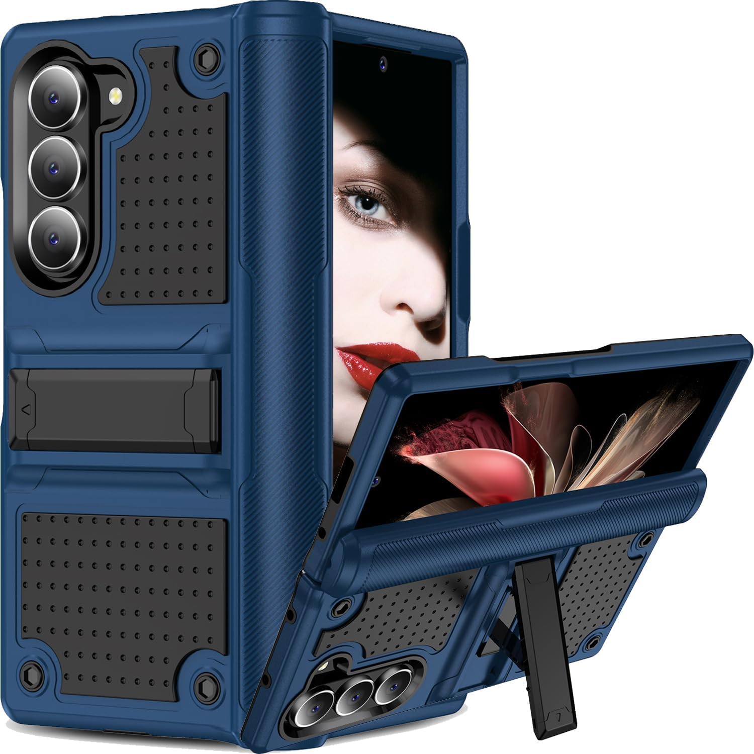 for Samsung Galaxy Z Fold 6 Case with Non-Slip Textured & Kickstand, Dual Layer Heavy Duty Military Drop Protection Bumper Tough Cover Case for Samsung Galaxy Z Fold6. YZ-Black+Blue