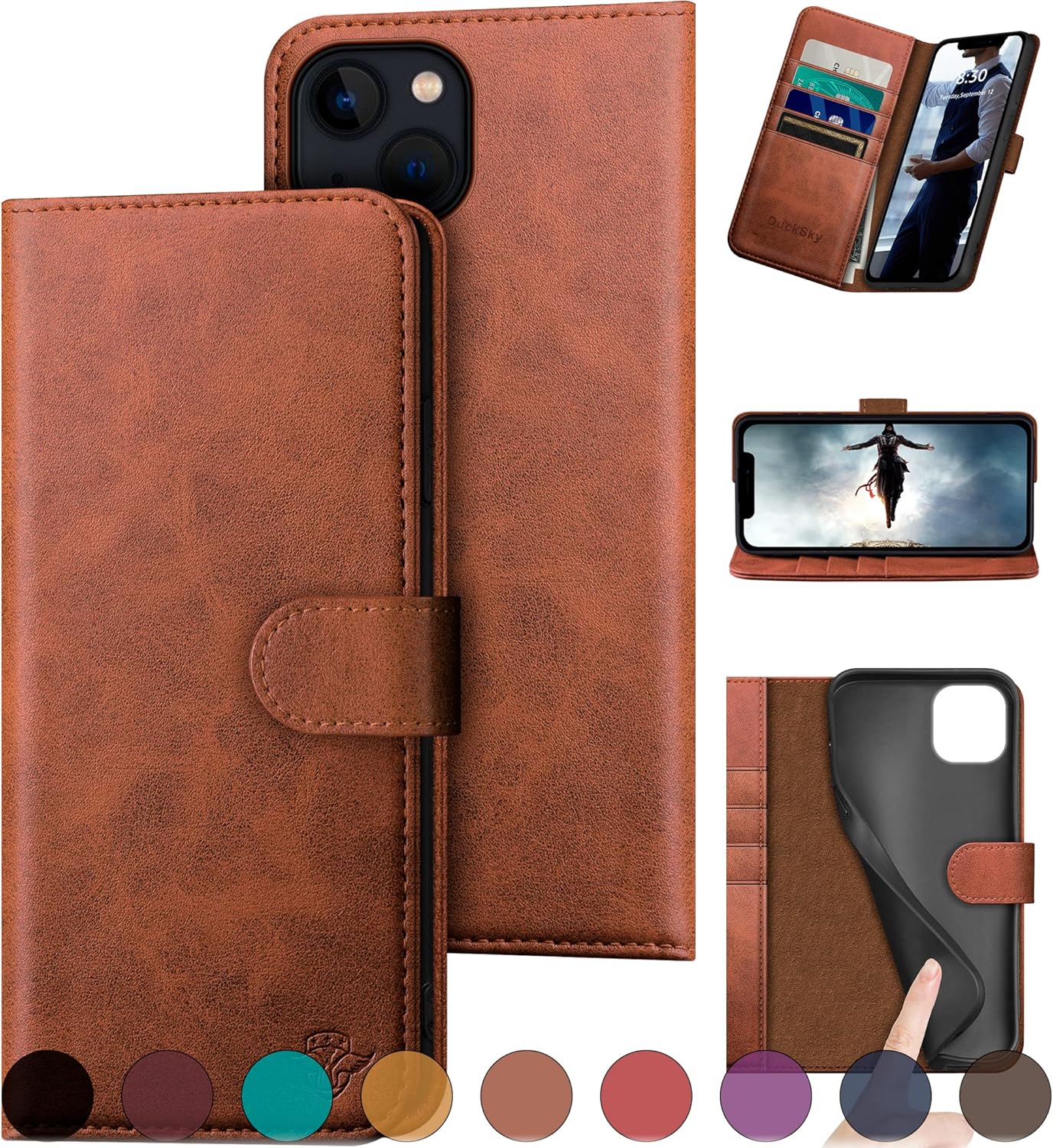 for iPhone 13 6.1″ Genuine Leather Wallet case 【RFID Blocking】【4 Credit Card Holder】【Real Leather】 Flip Folio Book Phone case Protective Cover Women Men for Apple 13 case Light Brown