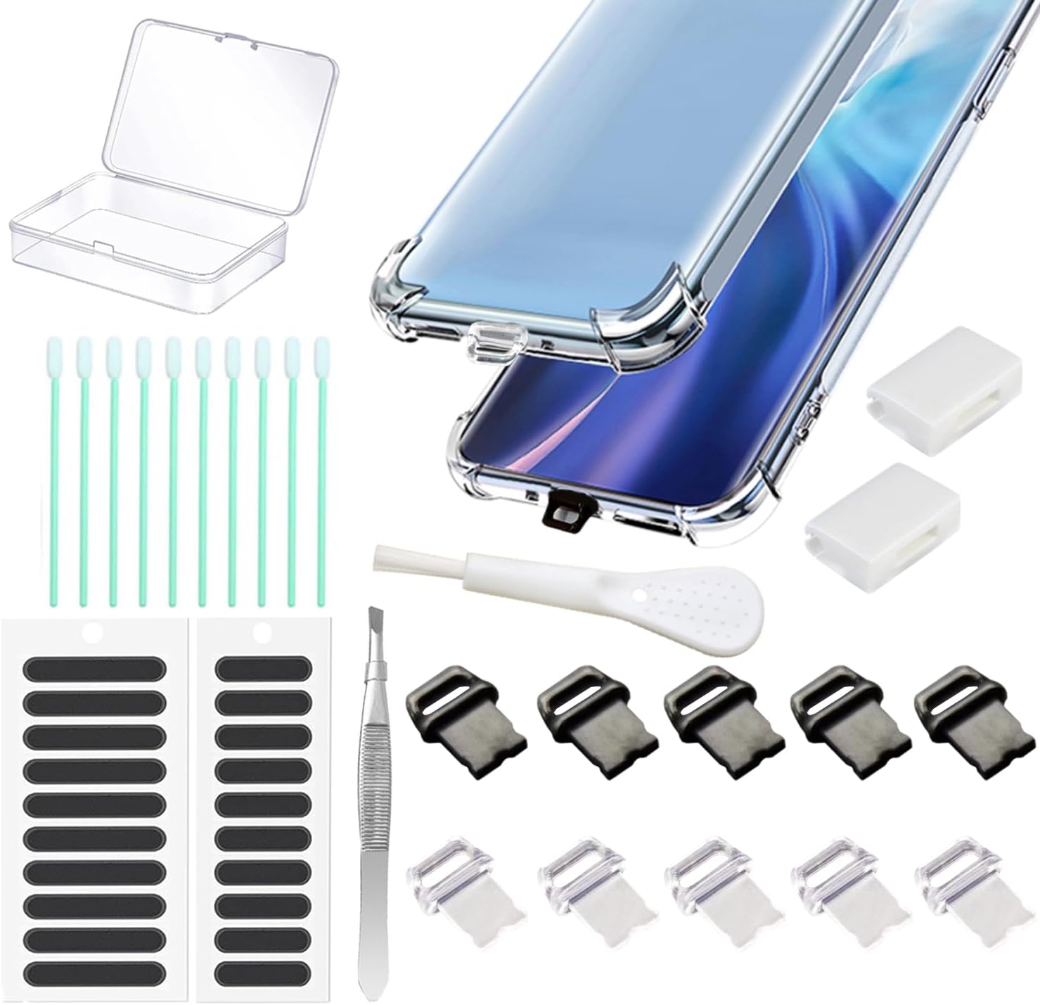 10 Packs iPhone Dust Plugs, Lightning Charging Port Protective Cover, with Plug Bracket, Storage Box, Compatible with iPhone 14 13 12 XS XR 8 7 SE，Equipped with Speaker Dust Screen and Cleaning Tools