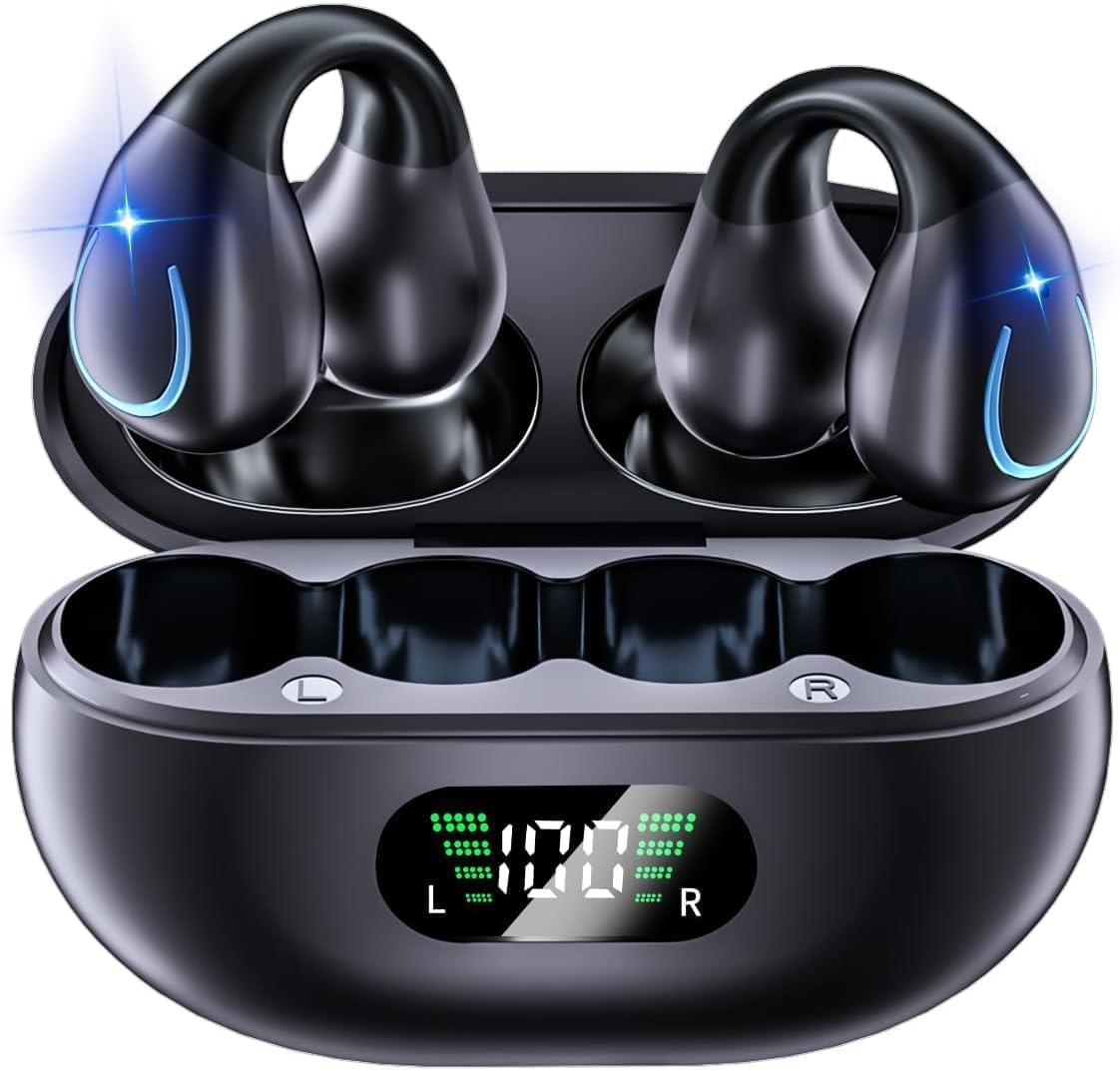 Open Ear Clip Wireless Earbuds Bluetooth 5.3, Sports Earphones Built-in Microphone with Earhooks & Ear Hook, Wireless Charging Case & Display, Waterproof Fitness Headphones for Exercise