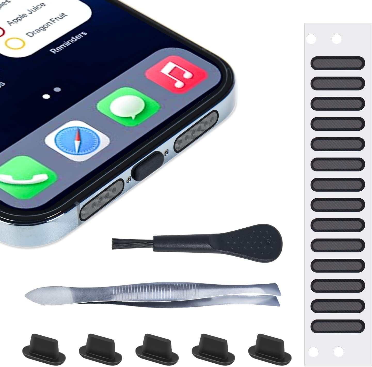 5X Anti Dust Plugs for iPhone 14, 14 Pro Max, 13, 13 Pro Max, 12, 12 Pro Max, 11, 11 Pro, X, XS, XR, 8, 7, Mobile Phone Speaker Mesh Protector Dustproof Adhesive Cover Port Cleaning Brush & Tweezer