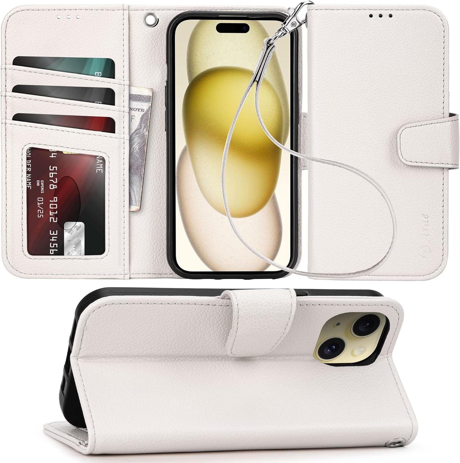 Arae Compatible with iPhone 15 Case with Card Holder and Wrist Strap Wallet Flip Cover for iPhone 15 6.1 inch Men/Women, Wristlet Strap, RFID Blocking,Litchi Beige