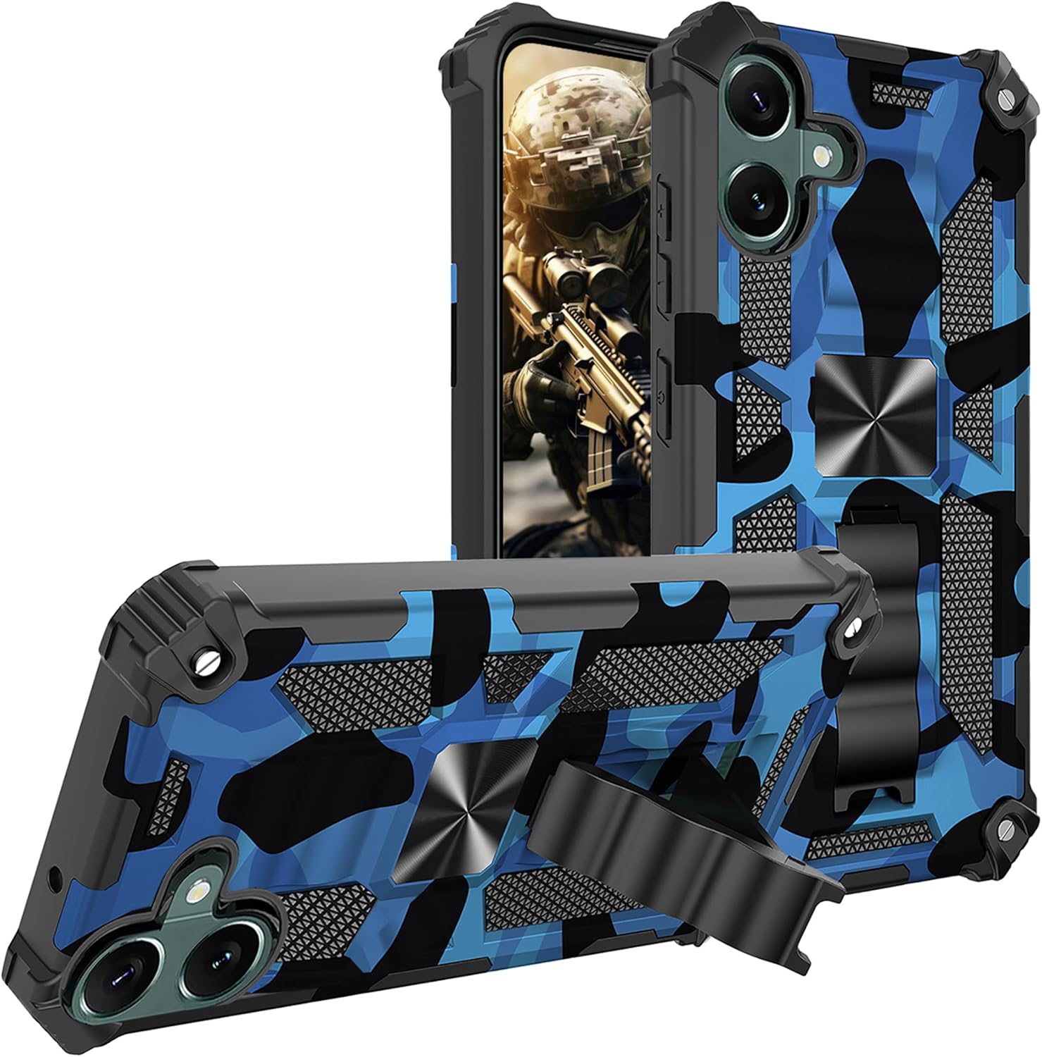 CCSmall Camouflage Case for Samsung Galaxy A15 5G for Men Boys Girl, Heavy Duty Shockproof Protective Cover with Kickstand Camo Case for Samsung Galaxy A15 5G MC Dark Blue