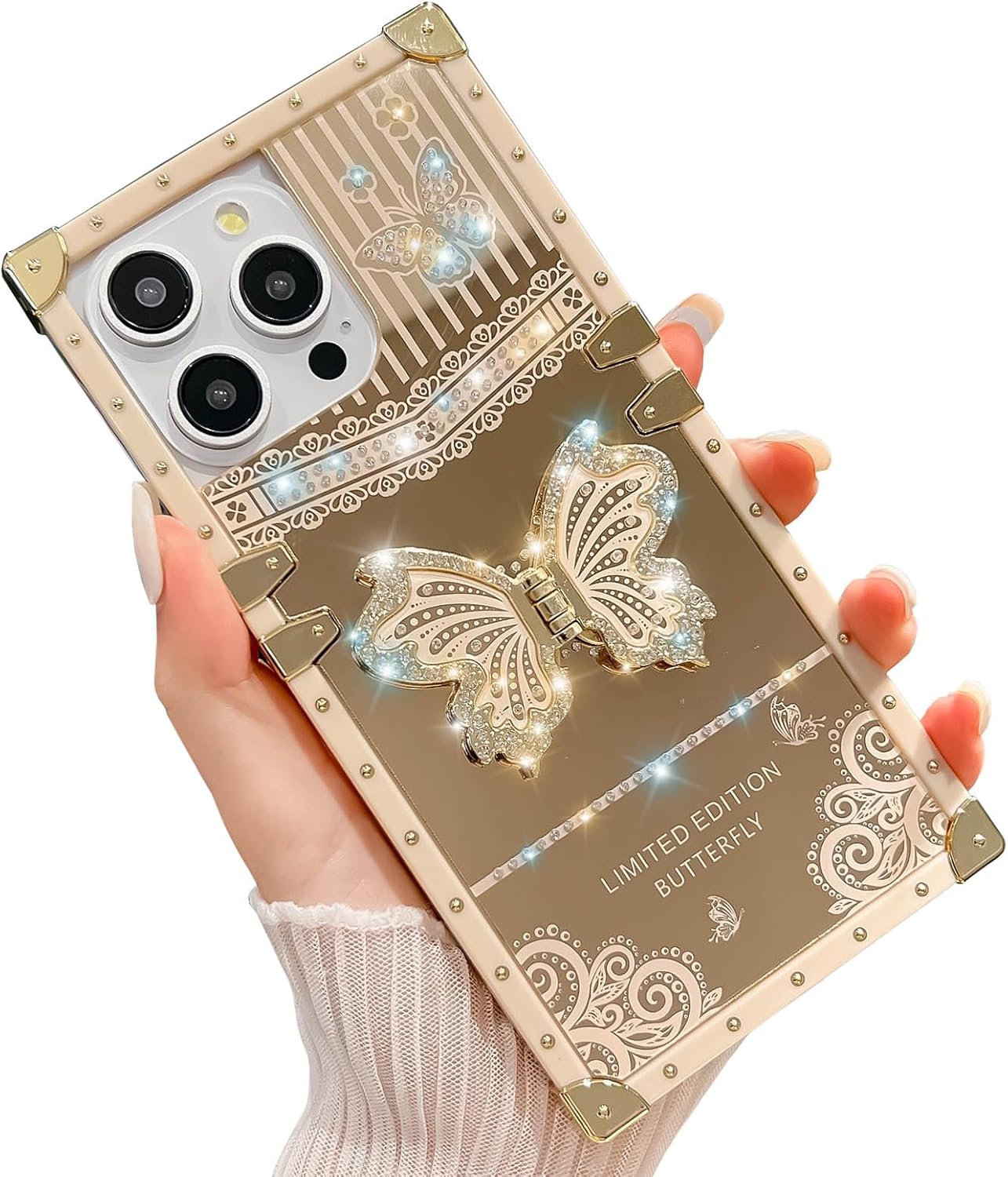 Cute Compatible with iPhone 16 Pro Case, Luxury Bling Butterfly Foldable Stand Kickstand for Women & Girls, Mirror Lace Flexible Shockproof Protective Case (Gold)