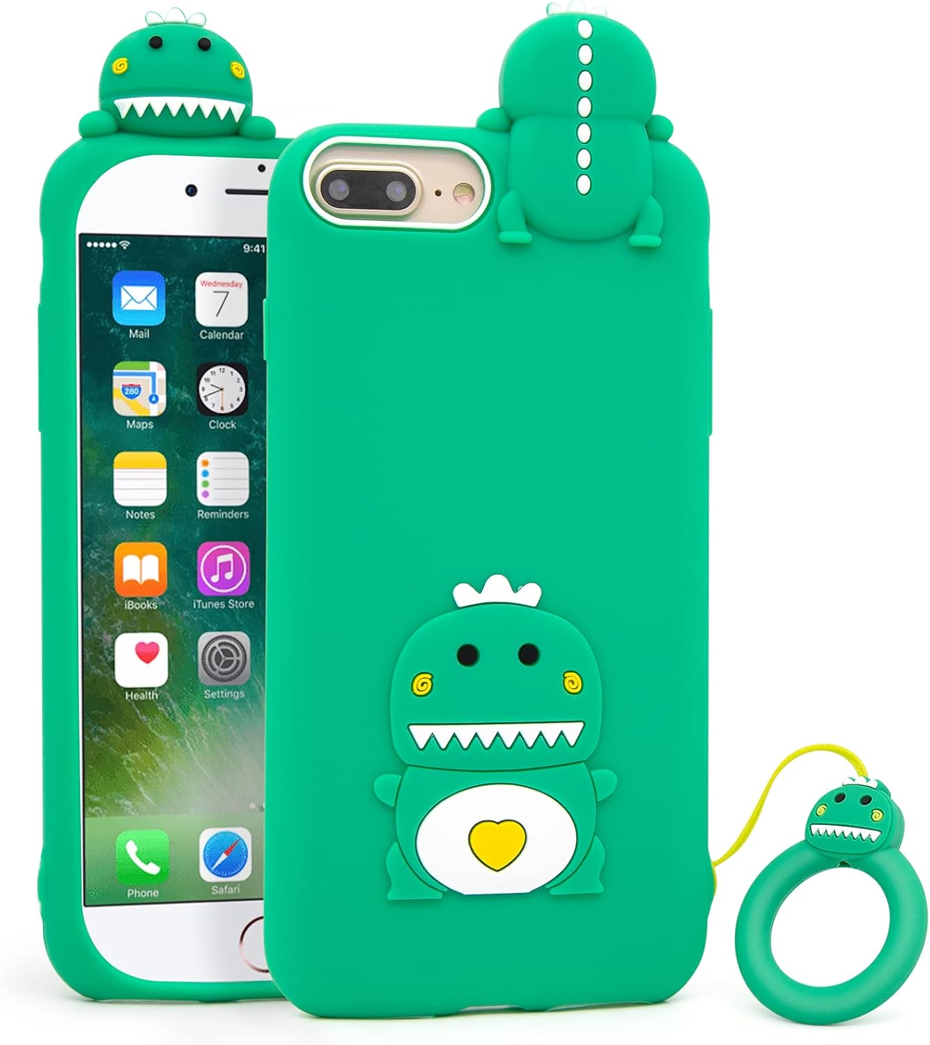 Cute iPhone 6 Plus Case, iPhone 6s Plus Case, iPhone 7 Plus Case, iPhone 8 Plus Case, Green Dinosaur Funny Animals 3D Cartoon Soft Silicone Shockproof Back Cover for Girls Boys Kids Women