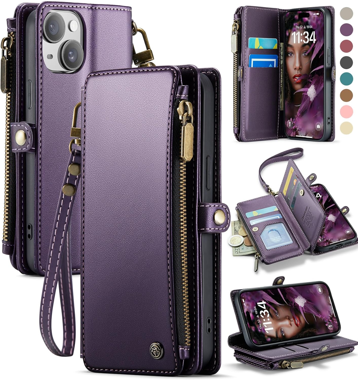 Defencase Compatible with iPhone 13 Case Wallet with RFID Blocking Card Holder for Women and Men, Fashion PU Leather Magnetic Snap Flip Zipper Strap Wallet Phone Case Fit for iPhone 13 6.1″, Purple