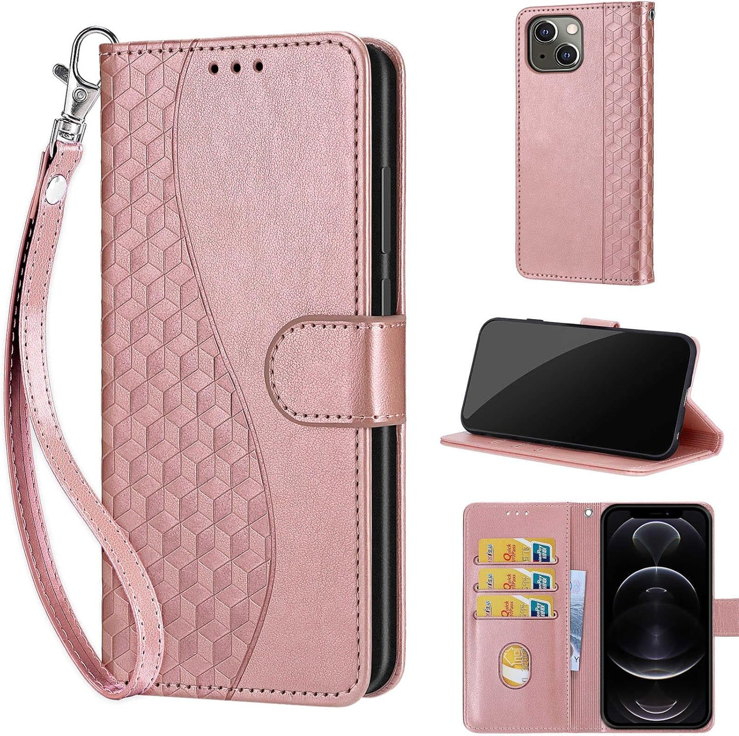 Designed for iPhone 13/iPhone 14 Case Wallet,Women Flip Folio Cover with Embossed PU Leather Stand Credit Card Holders Slots Wrist Strap Phone Case for iPhone 13 & 14 6.1 Inch (Rose Gold)