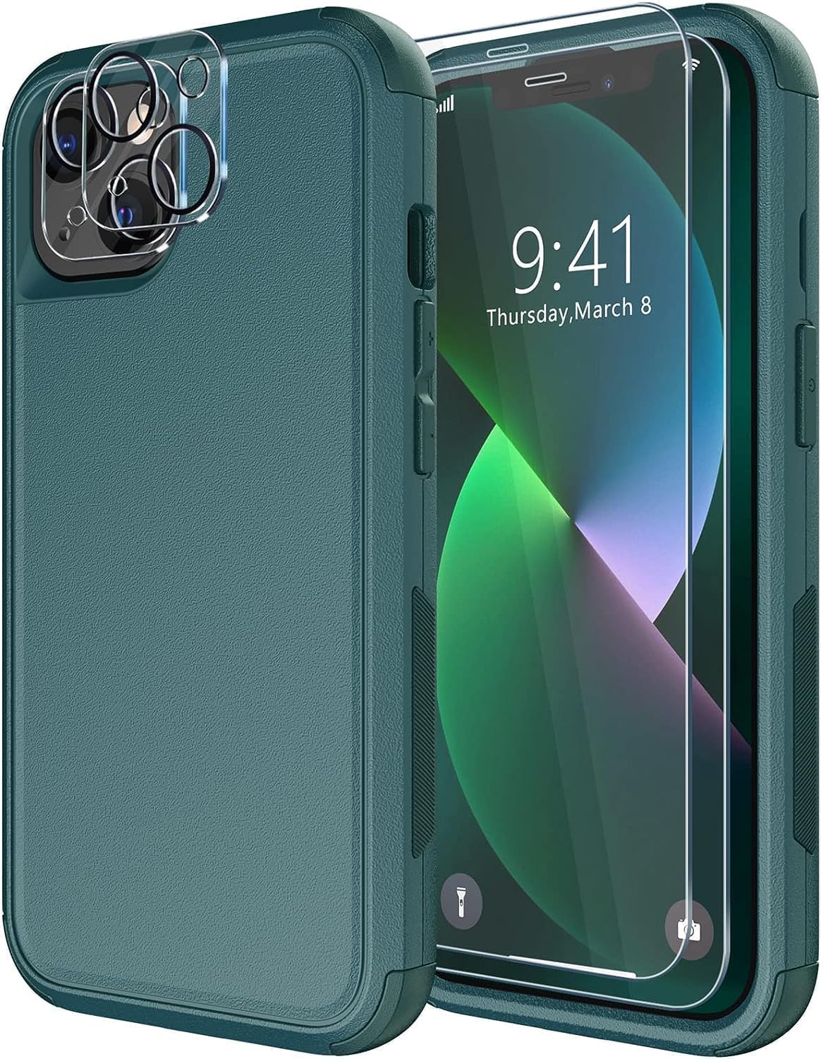 Diverbox for iPhone 13 Case [Shockproof] [Dropproof] [Tempered Glass Screen Protector + Camera Lens Protector],Heavy Duty Protection Phone Case Cover for Apple iPhone 13 (DarkGreen)