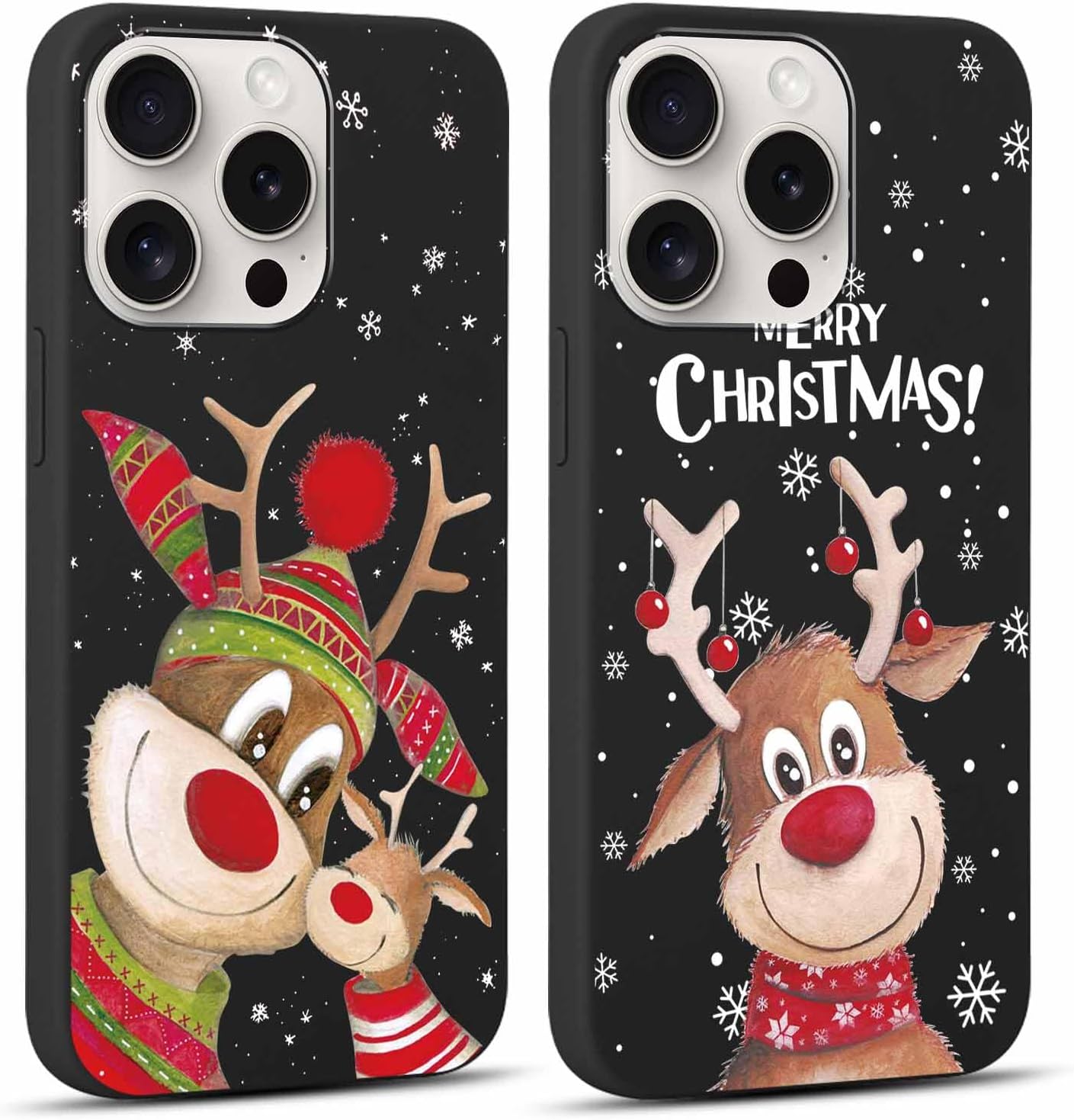 Eouine 2 Pack Merry Christmas Phone Case for iPhone 15 Pro [6.1"], Cute Xmas Cover with Red Christmas Elk Snowflake Pattern, Anti-Scratch Shockproof Soft Silicone Gifts Girl Women