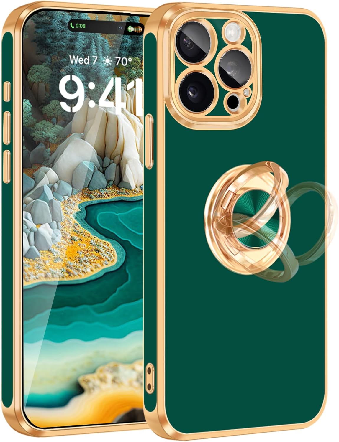 Fingic for iPhone 15 Pro Case[with 360° Ring Holder Stand][Support Magnetic Car Mount ]Kickstand Phone Case for Women Girls Boys Slim Thin Shockproof Phone Cover for iPhone 15 Pro,2023,Midnight Green