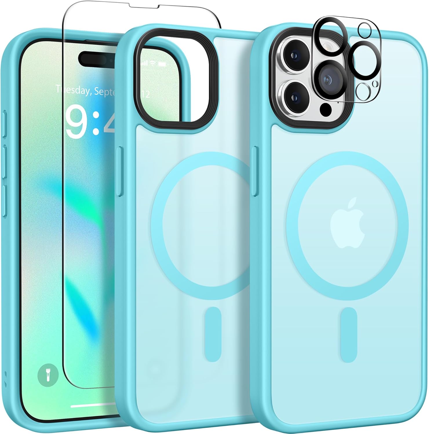 GONEZ Magnetic for iPhone 15 Pro Max Case,Compatible with MagSafe,[2 Screen Protector & 2 Camera Cover][Anti-Fingerprint] Slim Translucent Matte Back Shockproof Phone Protective Case(Light Blue)