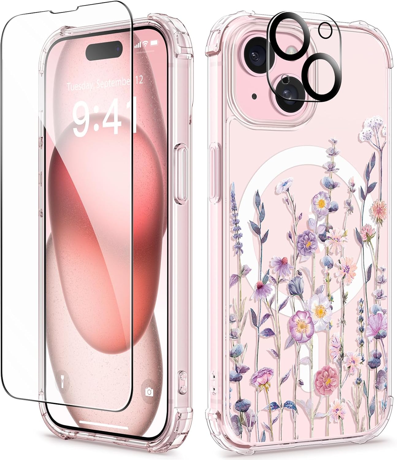 GVIEWIN Designed for iPhone 15 Case 6.1", Compatible with MagSafe, [Screen Protector + Camera Protector] [MIL-Grade Protection] Magnetic Floral Clear Shockproof Women Cover (Floratopia/Colorful)