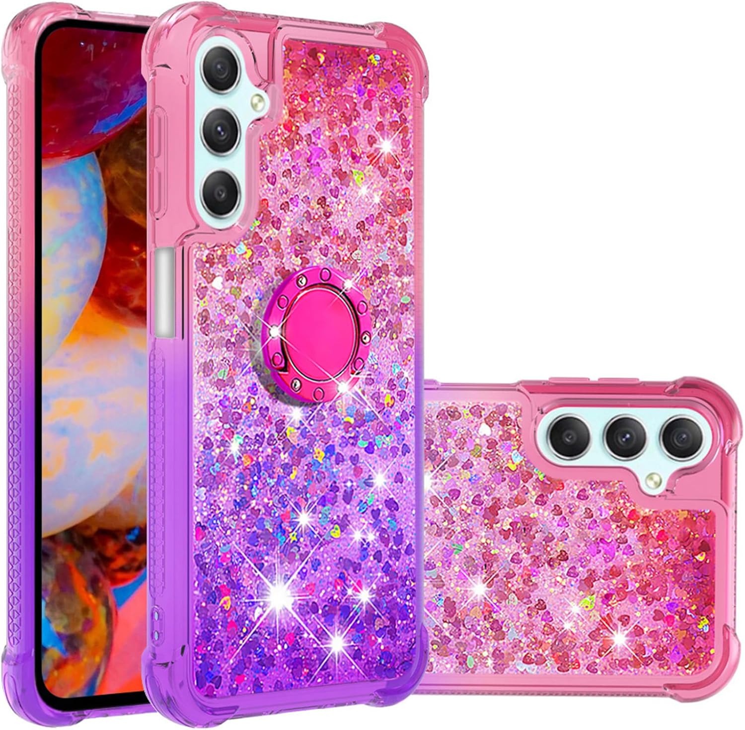 Glitter Case for Samsung Galaxy A34 5G for Women Girls, Bling Sparkle Colorful Gradient Quicksand Waterfall Soft TPU Liquid Case Cover with Ring Stand for Samsung A34 5G LSJB-Pink Purple