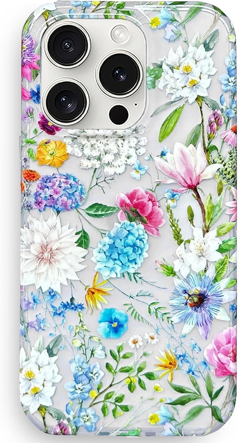 J.west Case Compatible with iPhone 15 Pro Max Case 6.7, Soft Shockproof Cute Floral Phone Protective Cover for Women, Garden Flower Pattern Design Slim Fit Anti-Scratch Phone Case for Girl