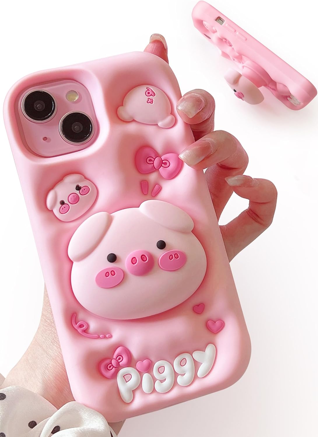 Kawaii 3D Pig Phone Case with Stand and Grip for iPhone 12, Cute Cartoon Animal Phone Cover for Girls, Boys, Kids, Teens, and Womens Pink