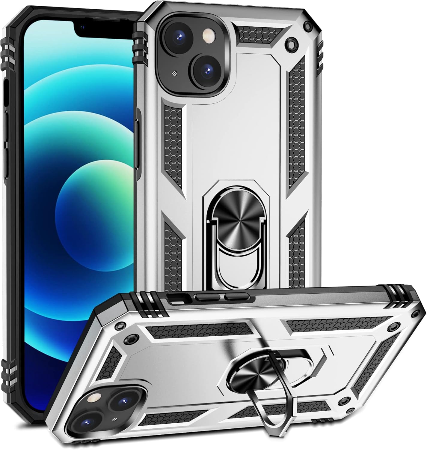 Korecase for iPhone 15 Case, Full Body Heavy Duty Rugged Shockproof Protective Phone Cover with Kickstand Military Grade Protection Shell for iPhone 15 Silver