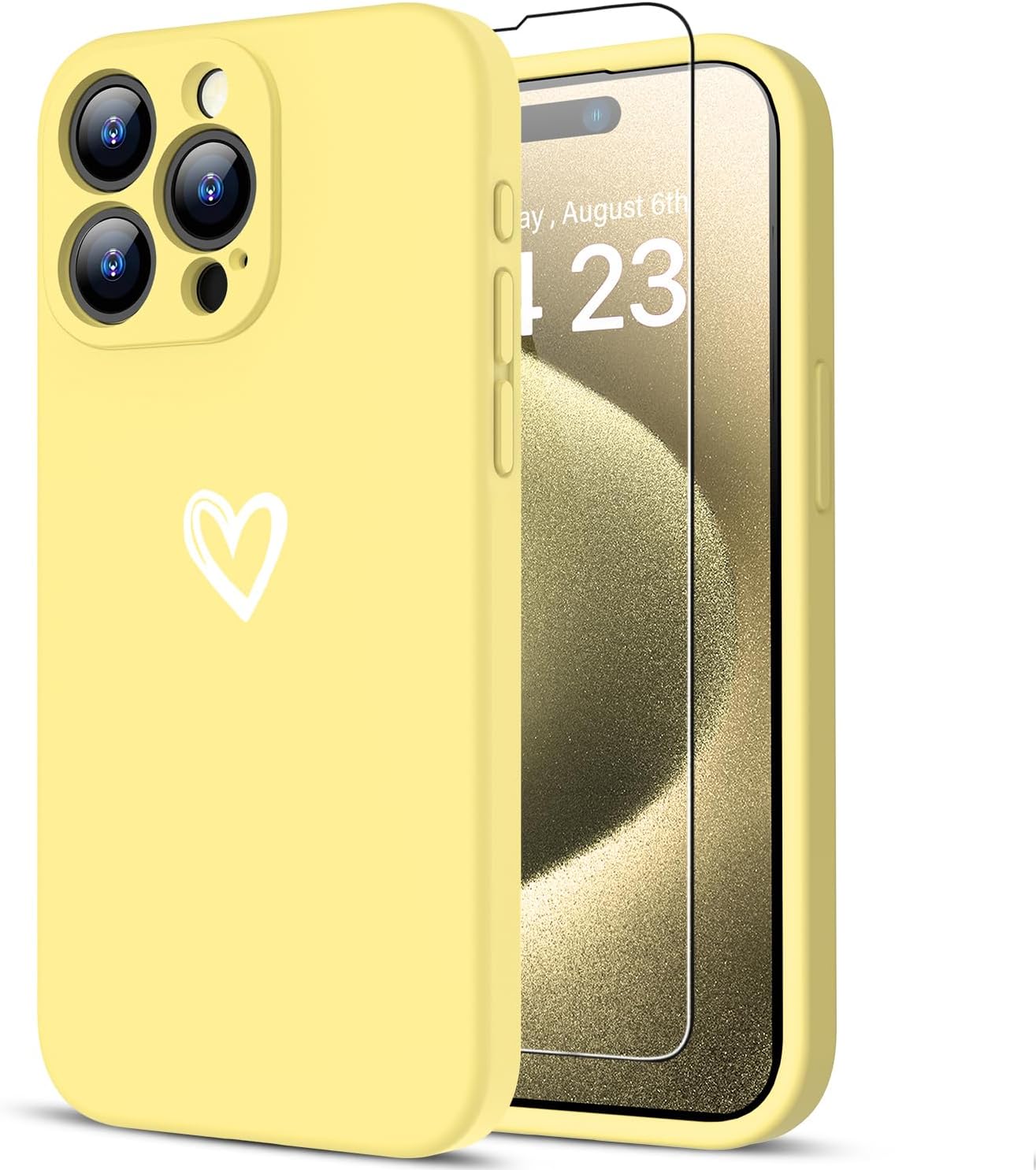 LUHOURI for iPhone 14 Pro Max Case with Screen Protector – Wireless Charging Compatible – Enhanced Camera Cover – Protective Silicone Phone Case with Cute Heart Design for Women 6.7″ – Yellow