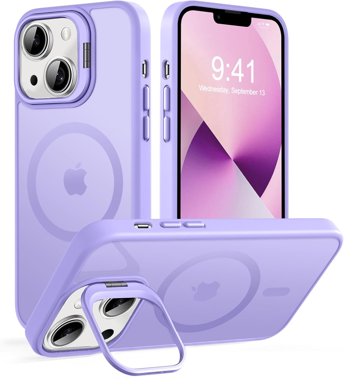 Magnetic for iPhone 13 Case & iPhone 14 case, Compatible with Magsafe, Built-in Stash Stand, Matte Scratch-Resistant Back Cover Shockproof Phone Case for iPhone 13/ iPhone 14, Light Purple