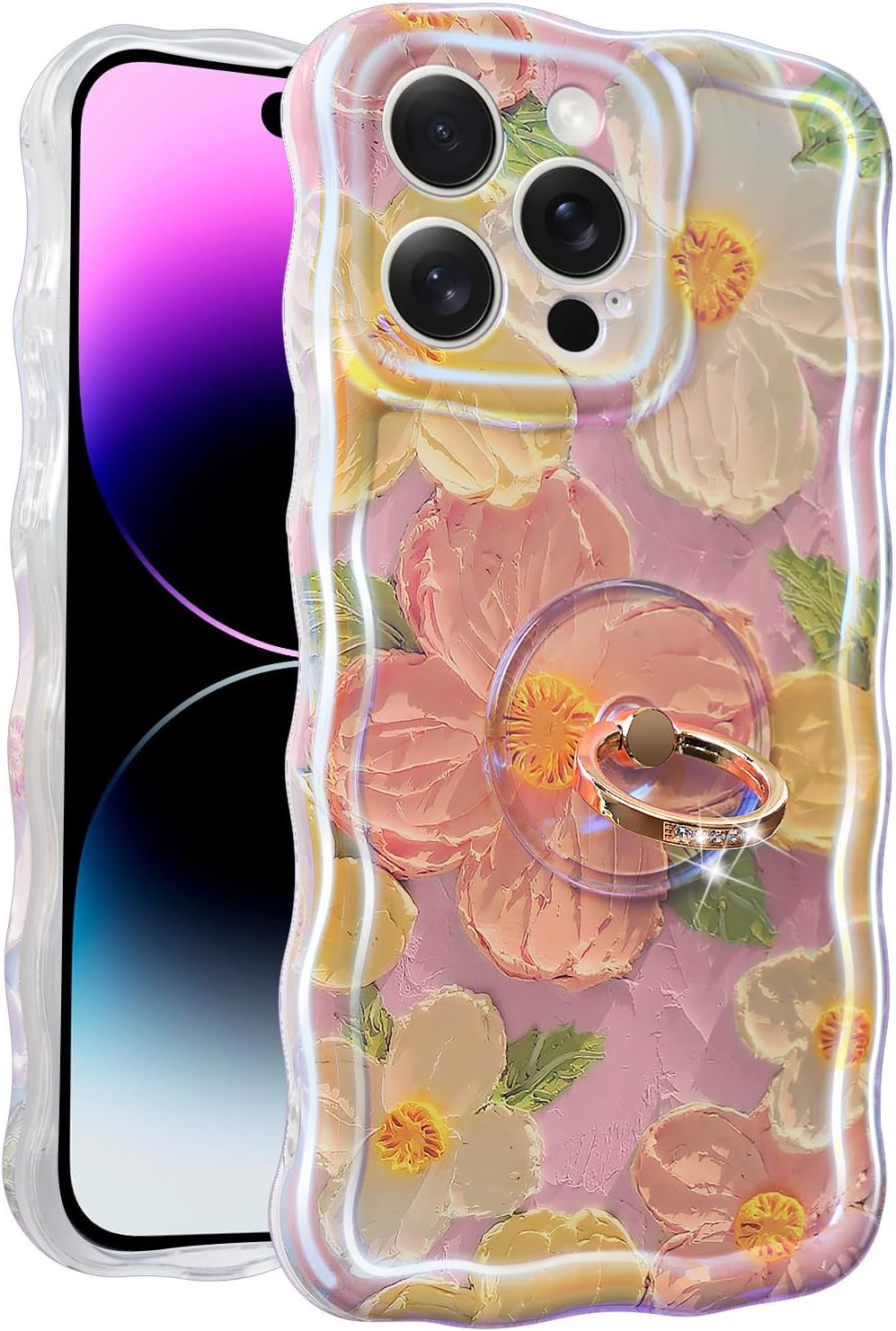 Miss Arts for iPhone 14 Pro Max Case with Ring, Oil Painting Flower Colorful Retro Floral Cute Curly Wave Frame Women Girls Phone Case Cover for Apple 14 Pro Max (Pink)