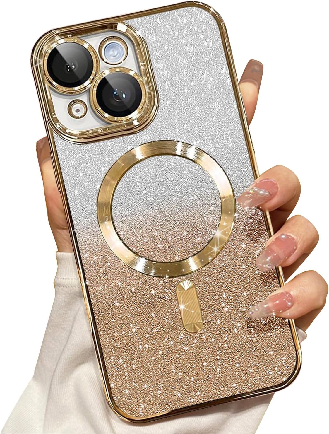 Misscase Compatible with iPhone 14 Magnetic Glitter Case with Camera Lens Protector Full Protection Case Compatible with MagSafe Elegant Anti-Scratch Case Cover for iPhone 14 Gold