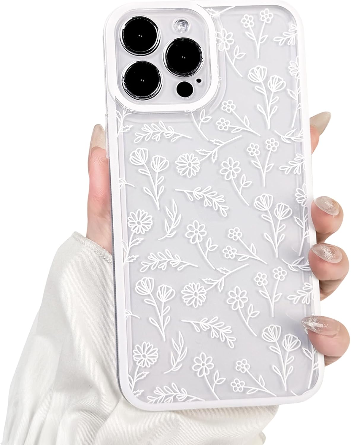 NITITOP Compatible with iPhone 13 Pro Case Cute Clear White Durable Flower Floral Leave for Girls Women Soft TPU Transparent Colourful Frame Full Camera Lens Shockproof Protective Cover – White