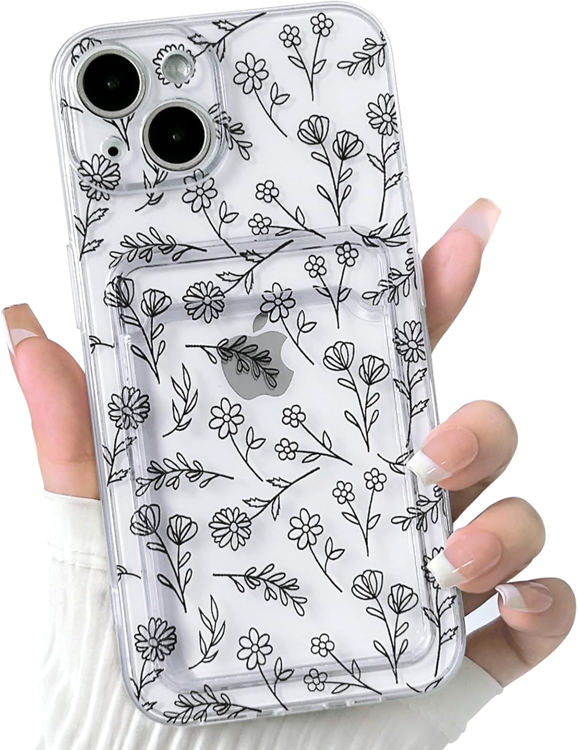 NITITOP Compatible with iPhone 14 Plus Case Clear with Card Holder Cute Flower Floral Leave Pattern for Women Girl Soft TPU Shock-Absorbing Wallet Case Protective Phone Cover – Black