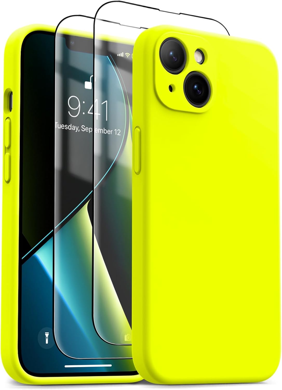 OTOFLY for iPhone 14 Case, Upgraded Silicone 14 Phone Case [2 Pack Screen Protectors][Camera Protection] Shockproof Women Men Girl Protective Case Cover for iPhone 14 6.1" - Neon Yellow