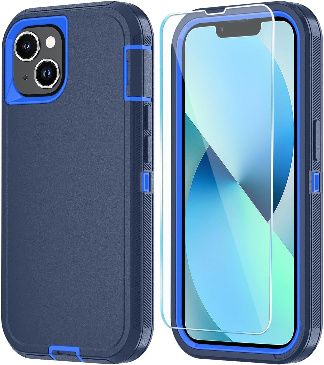 Phone Case for iPhone 13 Case/iPhone 14 Case with HD Screen Protector, Heavy Duty Shockproof & Dropproof 3-Layer Cover Phone Case for iPhone 13/14 (DarkBlue)