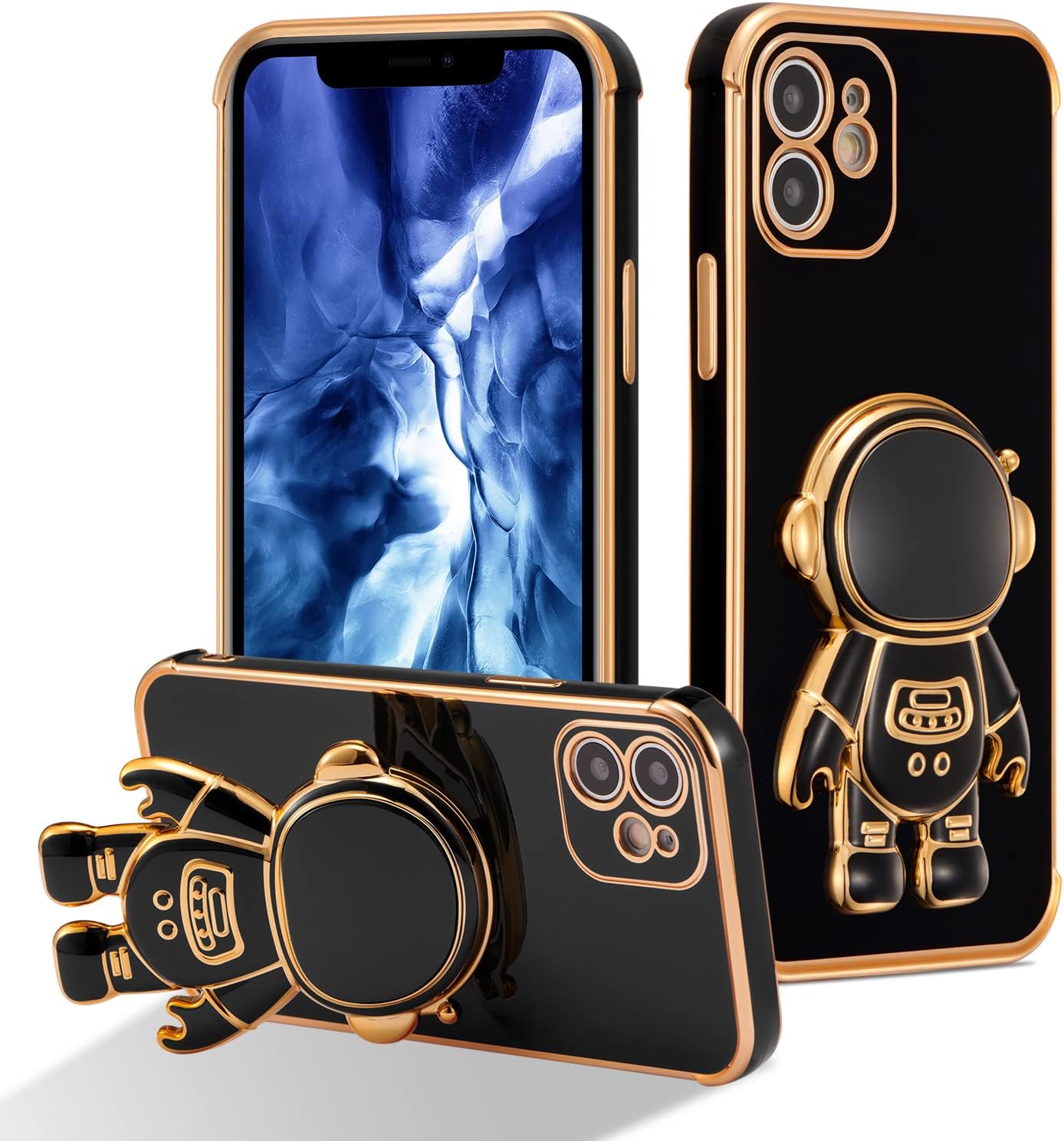 RALEAVO for iPhone 12 Case Cute 6D Astronaut Case with Stand Function Luxury Plating Case Cover Slim Fit Soft TPU Shockproof Bumper Protective Electroplated Case for Girls Boys,6.1 inch,Black