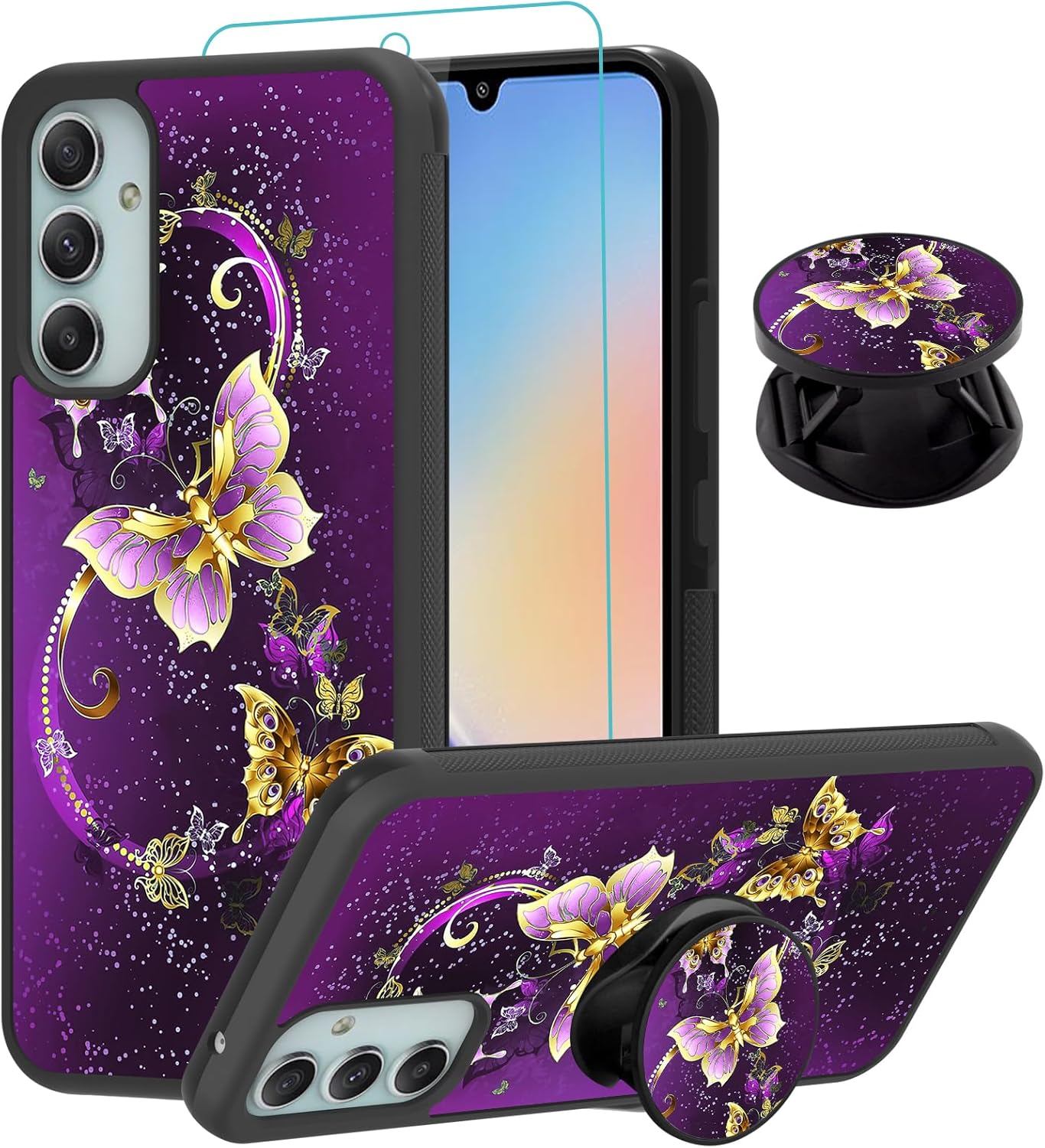 SAKUULO Compatible with Samsung Galaxy A34 5G Case, [Screen Protector + Kickstand] Purple Butterfly Design,Tire Texture Anti-Slip Shockproof Lightweight Ultra Thin Protective Case 6.6inch