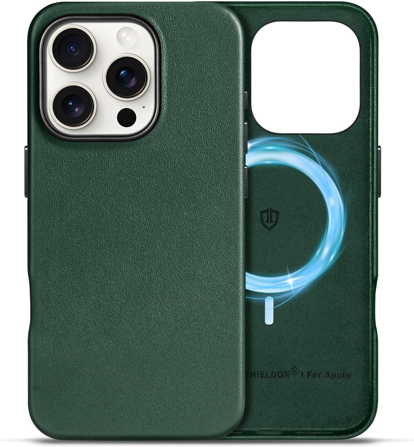 SHIELDON Genuine Leather Case for iPhone 16 Pro 6.3″, Magnetic Wireless Charging, Slim Fit, Non-Slip, Metal Buttons, Shockproof Protective Case Compatible with iPhone 16 Pro – Nappa Midnight Green