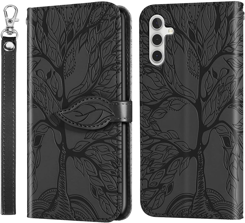 Samsung Galaxy A34 5G Case, Samsung A34 5G Wallet Case, MEUPZZK Embossed Tree Premium PU Leather [Kickstand] [Card Slots] [Wrist Strap] [Folio Flip] [6.6 inch] Phone Cover for Samsung A34 5G (R-Black)