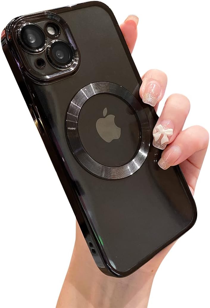 Threehundred for iPhone 13 Case Magnetic Clear with Camera Lens Protector Full Protection MagSafe Electroplated Silicone Dust-Proof Net Shockproof Protective Case Cover 6.1 Inch – Black