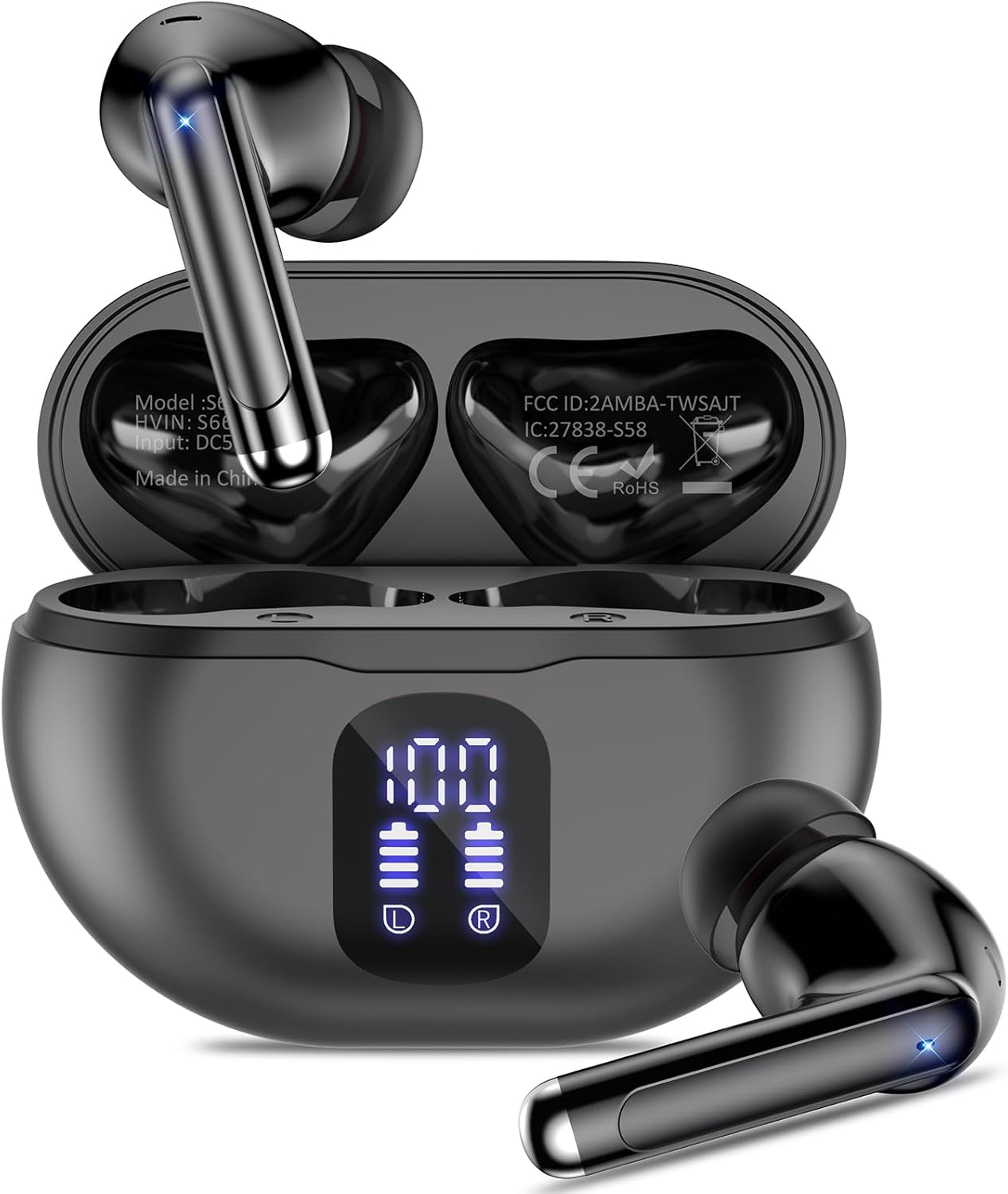 Wireless Earbuds, 2024 Bluetooth 5.3 Headphones, 50H Playback Deep Bass Stereo Ear Buds with LED Power Display Charging Case, IPX7 Waterproof Earbuds for Laptop Pad Phones Sports Workout, Black