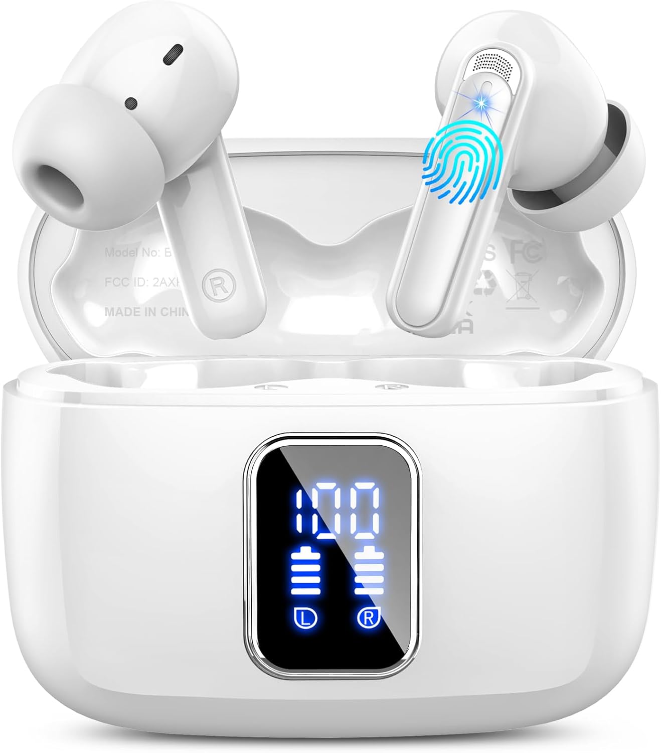 Wireless Earbuds, Bluetooth 5.3 Headphones, Ear Buds Wireless Earbuds Bluetooth with 4 ENC Noise Cancelling Mic, 48H Playtime Stereo, LED Power Display, IP7 Waterproof Wireless Earphones, Pure White