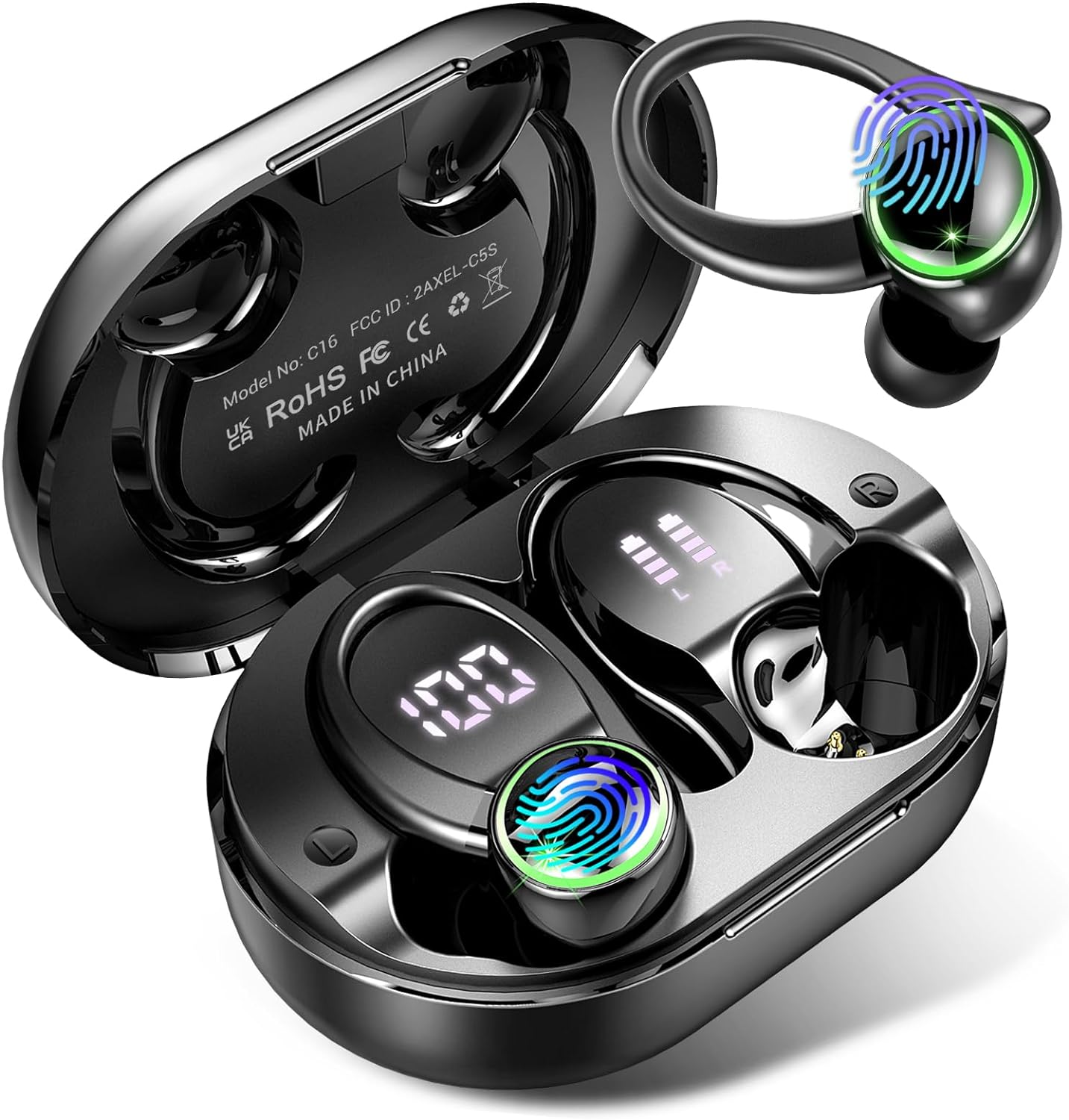 Wireless Earbuds, Bluetooth 5.4 Headphones with Noise Cancelling Mic, Bass Stereo Bluetooth Earphones 50Hrs with LED Display, IP7 Waterproof Bluetooth Earbuds with Earhooks, Ear Buds for Sports, Black