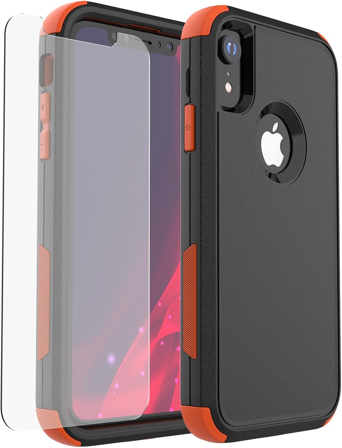 X-belmox for iPhone XR Case [Dropproof] [Shockproof] 3-Layers Heavy Duty Drop Protection Case Cover for iPhone XR 6.1 Inch with Tempered Glass Screen Protector, Rugged XR Phone Case - Black Orange