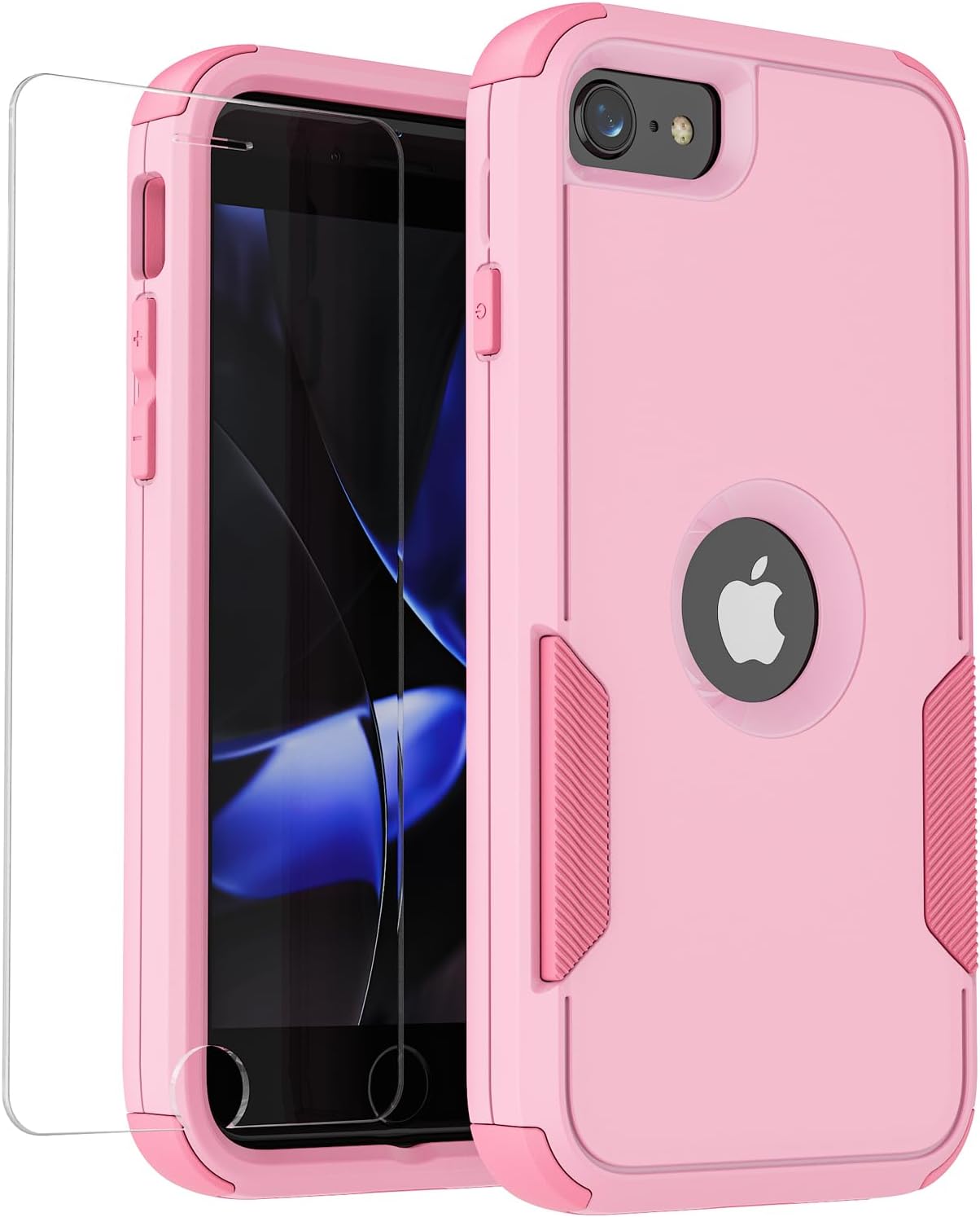 droperprote for iPhone SE 2022/2020 Case with Screen Protector Heavy Duty 3 in 1 Full Body Rugged Shockproof Hybrid Hard PC Soft Rubber Case for iPhone SE 3rd/2nd Gen 4.7 inch LightPink