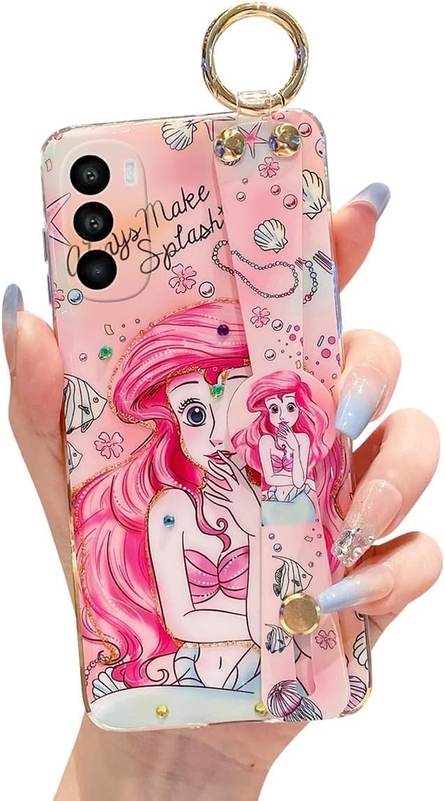 for Motorola Moto G Stylus 4g 2022 Case 6.8″ Cute with Wrist Strap Stand Glitter Bling Cartoon IMD Soft TPU Shockproof Protective Case Cover for Girls Women – Mermaid