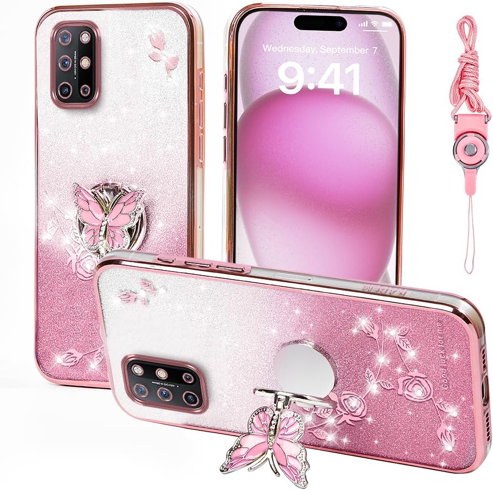 for Oneplus 8T Phone Case,for Plus One 1+8t Mobile Phone Case for Women and Girl, Glitter Butterfly Floral TPU Protective Cover with Kickstand+Strap for Oneplus 8t (Pink)