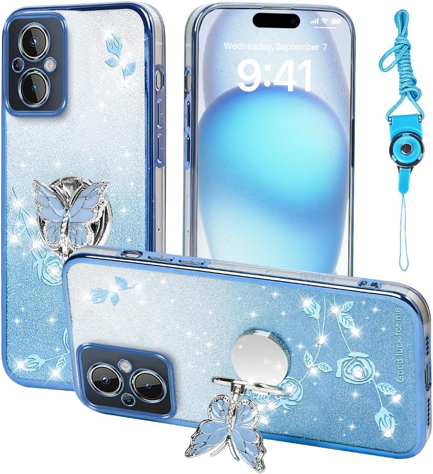 for Oneplus Nord N20 Phone Case,for Plus One 1+Nord N20 Mobile Phone Case for Women and Girl, Glitter Butterfly Floral TPU Protective Cover with Kickstand+Strap for Nord N20 5G (Blue)