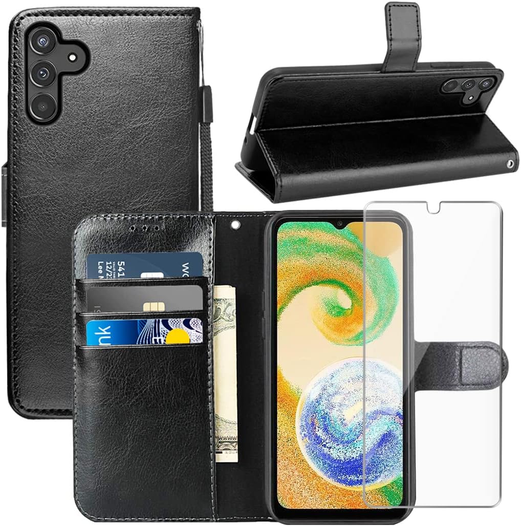 for Samsung Galaxy A34 5G Case with Screen Protector,PU Leather Wrist Strap Card Slots Shockproof Protective Flip Cover Wallet Case Phone Case for Samsung Galaxy A34 5G, Black