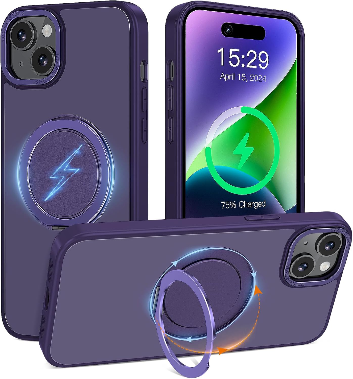 for iPhone 14 Plus Case Magnetic Ring Holder Kickstand Compatible with Magsafe Military Grade Drop Protection Heavy Duty Shockproof Men Women Cover for iPhone 14 Plus Translucent Purple